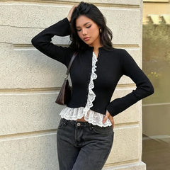 Ribbed Lace Trim Mock Neck Top