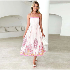 Square Collar Print Flower Sling Long Dress