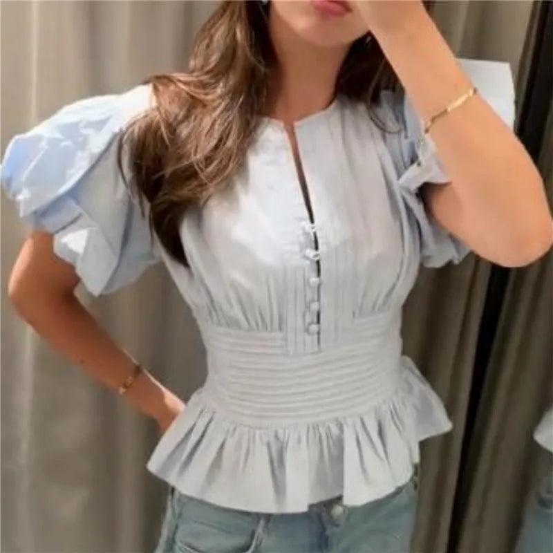 Smocked waist puff sleeve peplum top