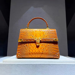 Structured Crocodile Embossed Leather Top Handle Bag
