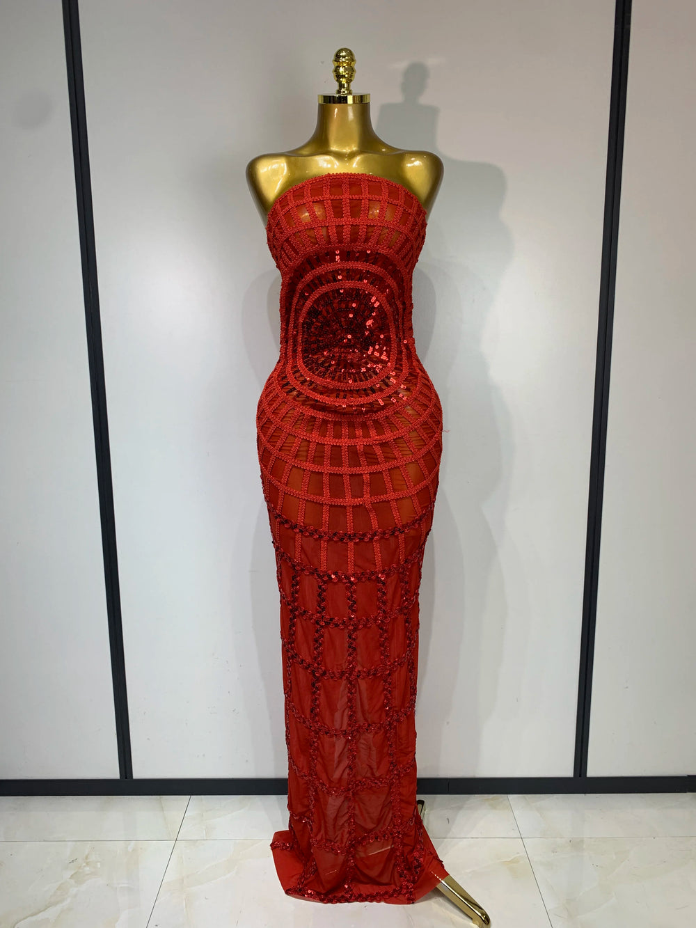 Strapless sheer mesh sequin embellished column maxi dress in red.