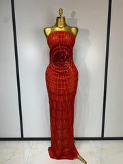 Strapless sheer mesh sequin embellished column maxi dress in red.