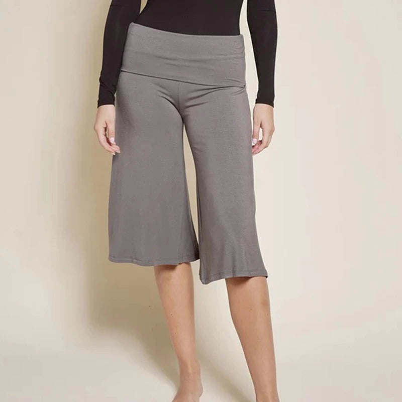 Grey wide leg cropped pants with fold-over waist