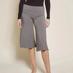 Grey wide leg cropped pants with fold-over waist