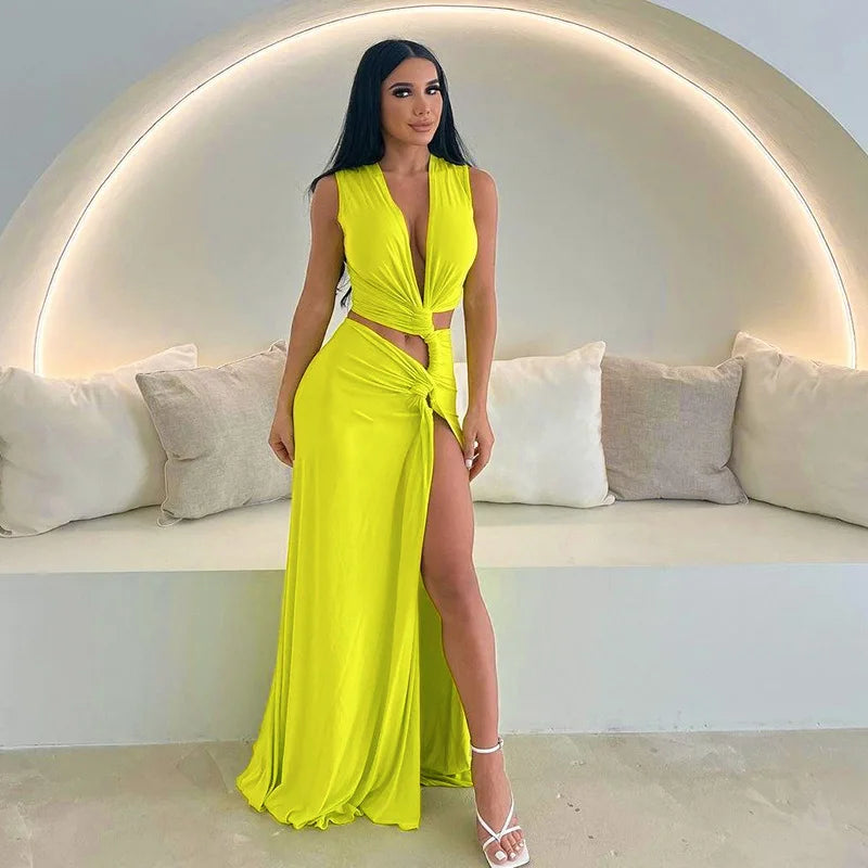 Deep V Cut Out Slit Asymmetrical Long Dress