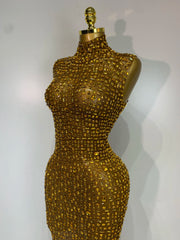Rhinestone High Neck Sleeveless Dress