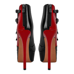 Rear view of peep toe platform ankle boots with red and black patent leather and stiletto heels