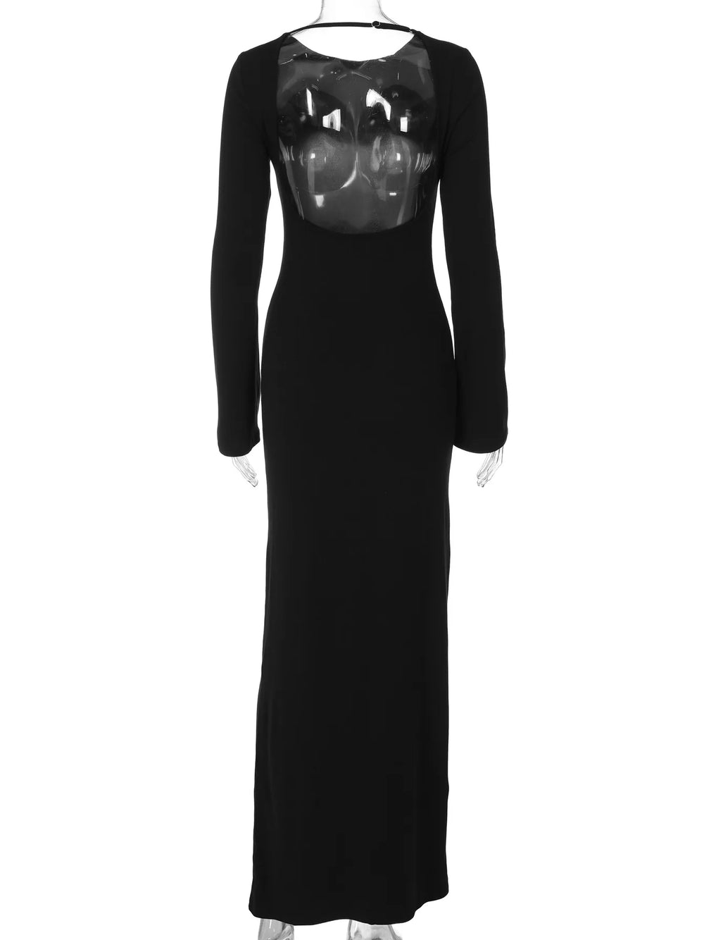 Black evening gown with sheer back on a white background