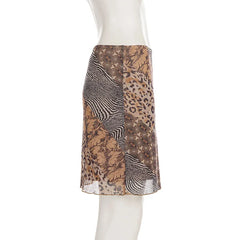 Leopard Patchwork Printed Mesh Midi Skirt