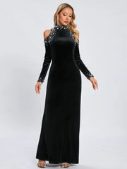 Long Sleeve Black Velvet Pearl Maxi Dress