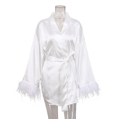 Feather Robes Satin Long Sleeve Loose Women Mini Dress