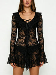 Long Sleeve Sheer Lace Ruffle Mini Dress