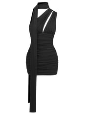 Black Cutout Ruched Neck Mounted Mini Dress