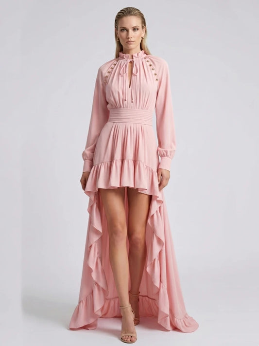 Back view of pink high-low hem dress with long sleeves