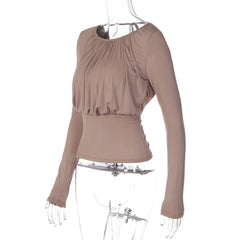 Boat Neck Long Sleeve Draped Back Tie-Up Top