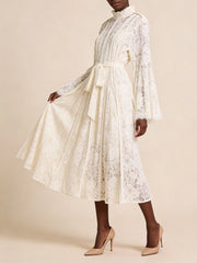Cream lace bell sleeve midi dress with skirt lifted