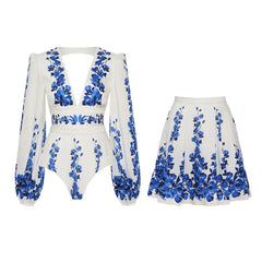 Balloon Sleeve Square Neck Cutout Bodysuit and Print Maxi Skirt Set
