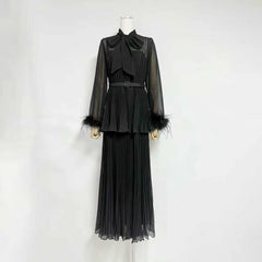 Round Collar Bow Neck Long Sleeve Pleated Maxi Dress