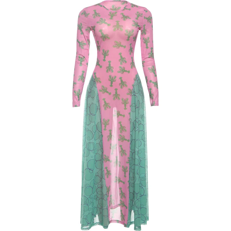 Pink and green dress with a pattern on a white background