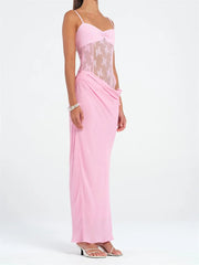 Pink evening gown with sheer overlay on a white background