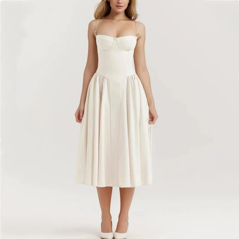 Slash Collar With Wire Corset Pleated Swing Midi Dress