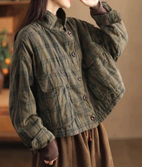 Women's Cotton Coat Vintage Linen Plaid Quilted Jacket