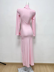 Pink 3D Floral Long Sleeved Midi Turtleneck Solid Dress 