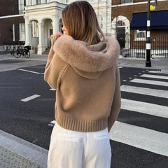Hooded Faux Fur Trim Knit Jacket