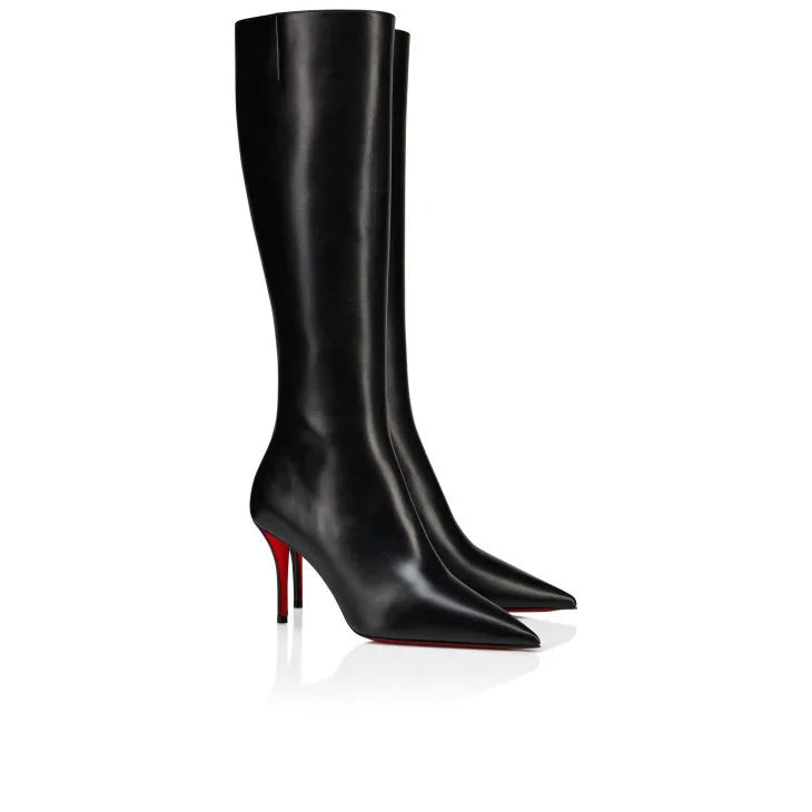 Black knee-high boots with red soles 