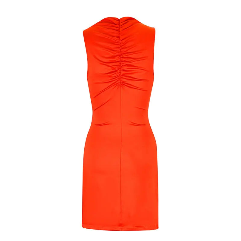 Orange dress with a ruched design on a white background