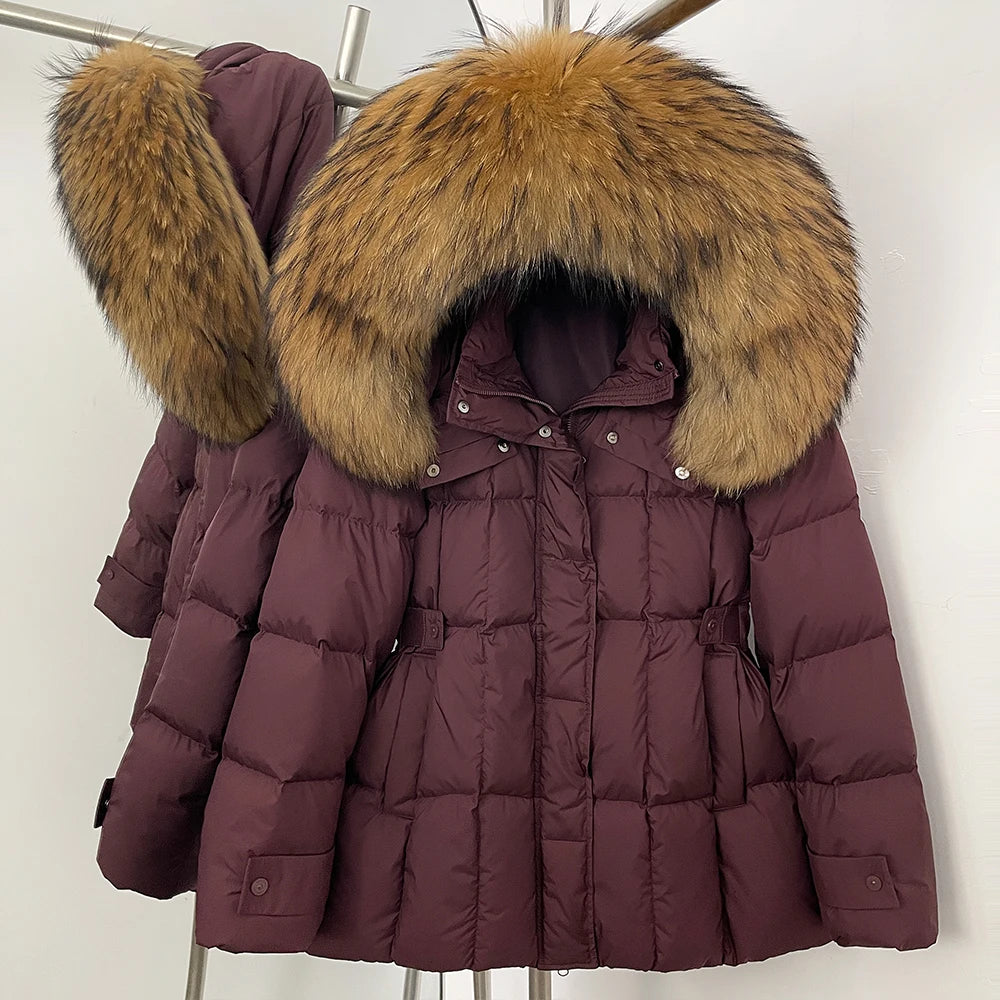 Purple puffer jacket with a fur hood 
