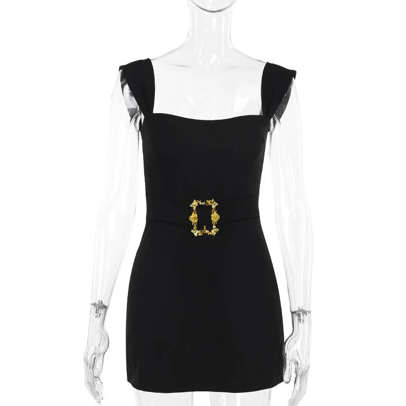 Black square neck belted mini dress on mannequin