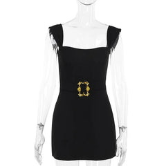 Black square neck belted mini dress on mannequin