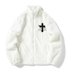 Fur Coat Cross Letters Fleece Jacket Zip Up Fashion Outerwear