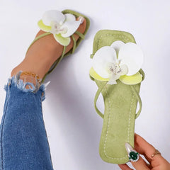 Green floral square toe slides