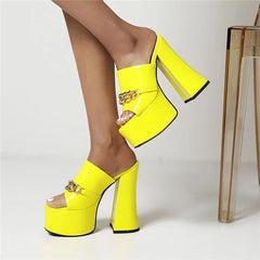 Yellow chunky heel platform slides with metal chain detail