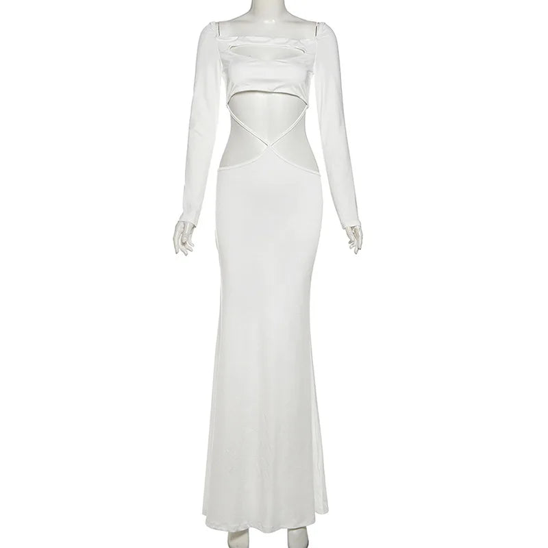 White evening gown on a mannequin against a white background