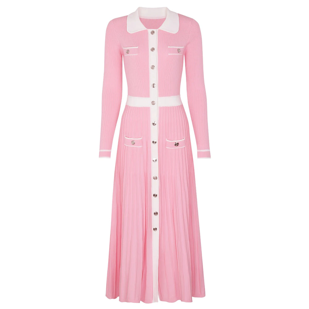 Pink collared colorblock pleated knit midi dress