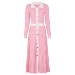 Pink collared colorblock pleated knit midi dress