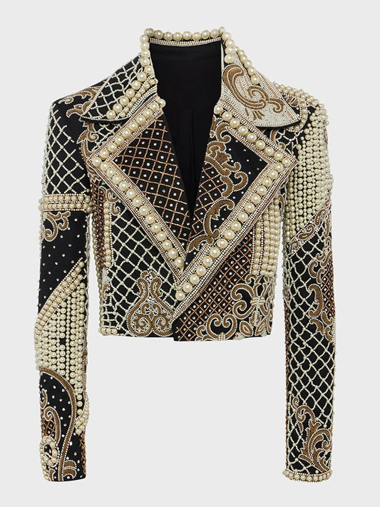 Beaded pearl embroidered cropped jacket studio view