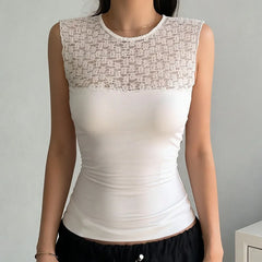 Sleeveless O-Neck Sheer Lace Tank Top