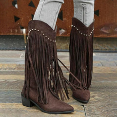Metal Rivet Tassel Knee High Boots