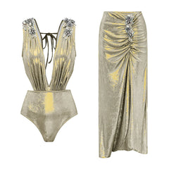 V-Neck Ruched Cut-Out Halter One-Piece Swimsuit and Maxi Skirt Set