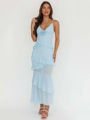 Rose Embellished Ruffle Maxi Dress