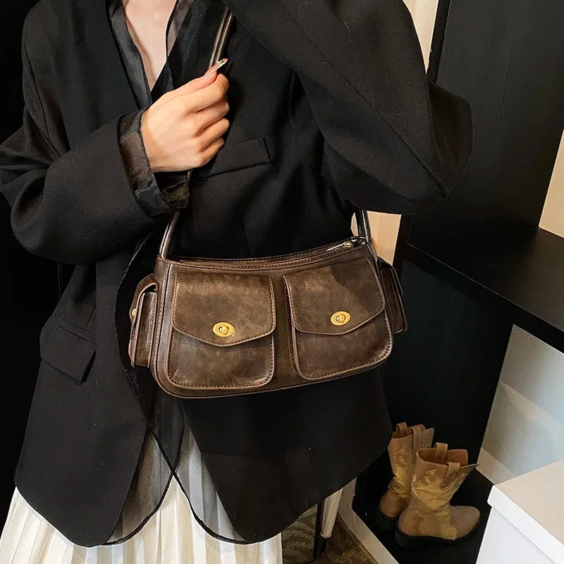 Small Faux Leather Double Pockets Crossbody Bags