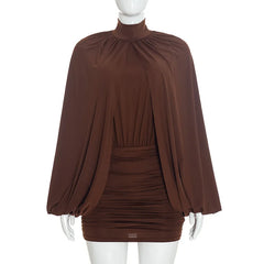 Ruched Shawl Sleeves Turtleneck Mini Dress
