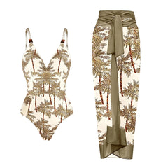 Palm tree print bikini top and skirt