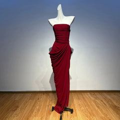 Strapless Lace Up Draped Slit Maxi Dress