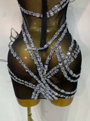 Mesh Bodycon Crystal Butterfly Mini Dress