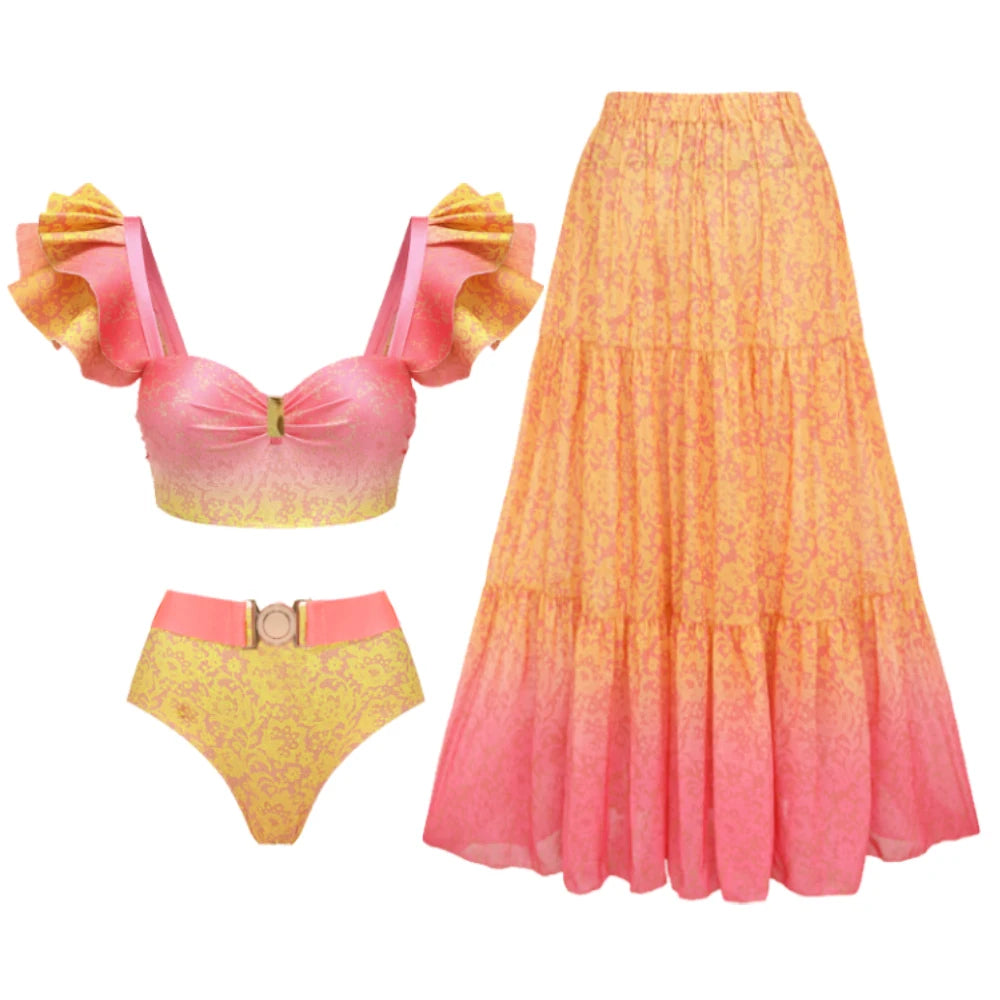 Two-piece swimwear set with gradient floral print and ruffled sleeves.
